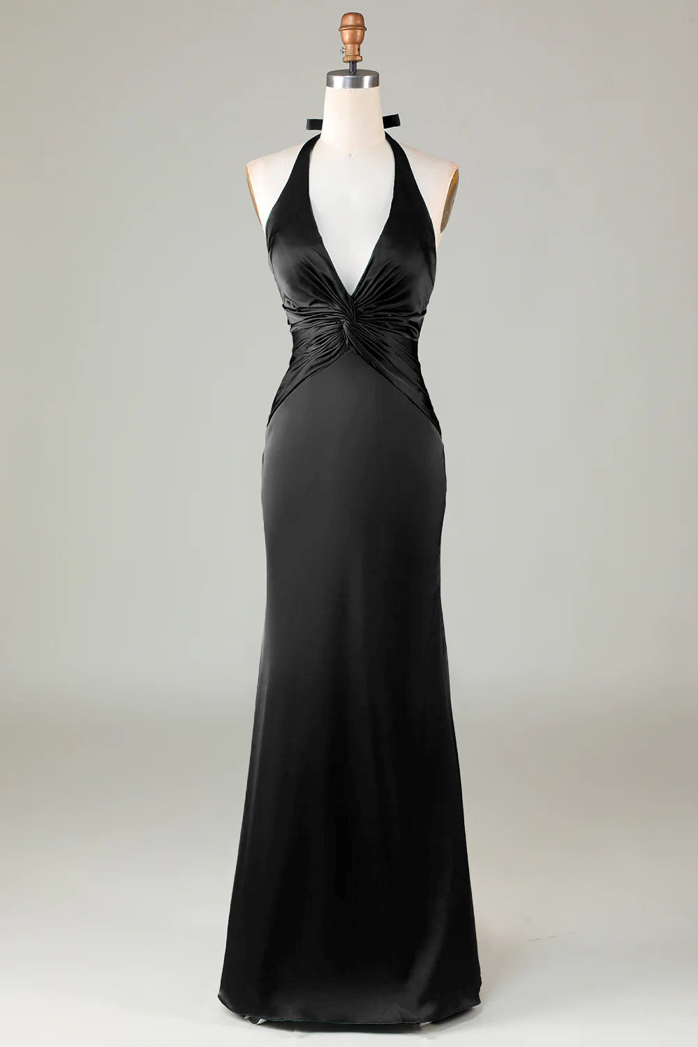 ILYNORA black halter neck satin formal dress front view