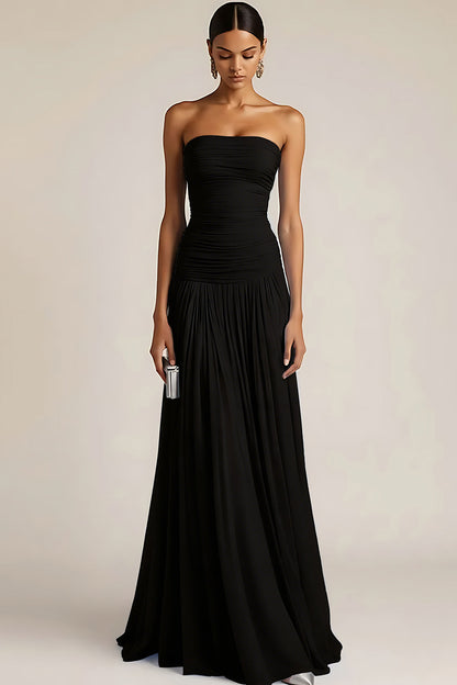 ILYNORA black ruched maxi bridesmaid dress front view