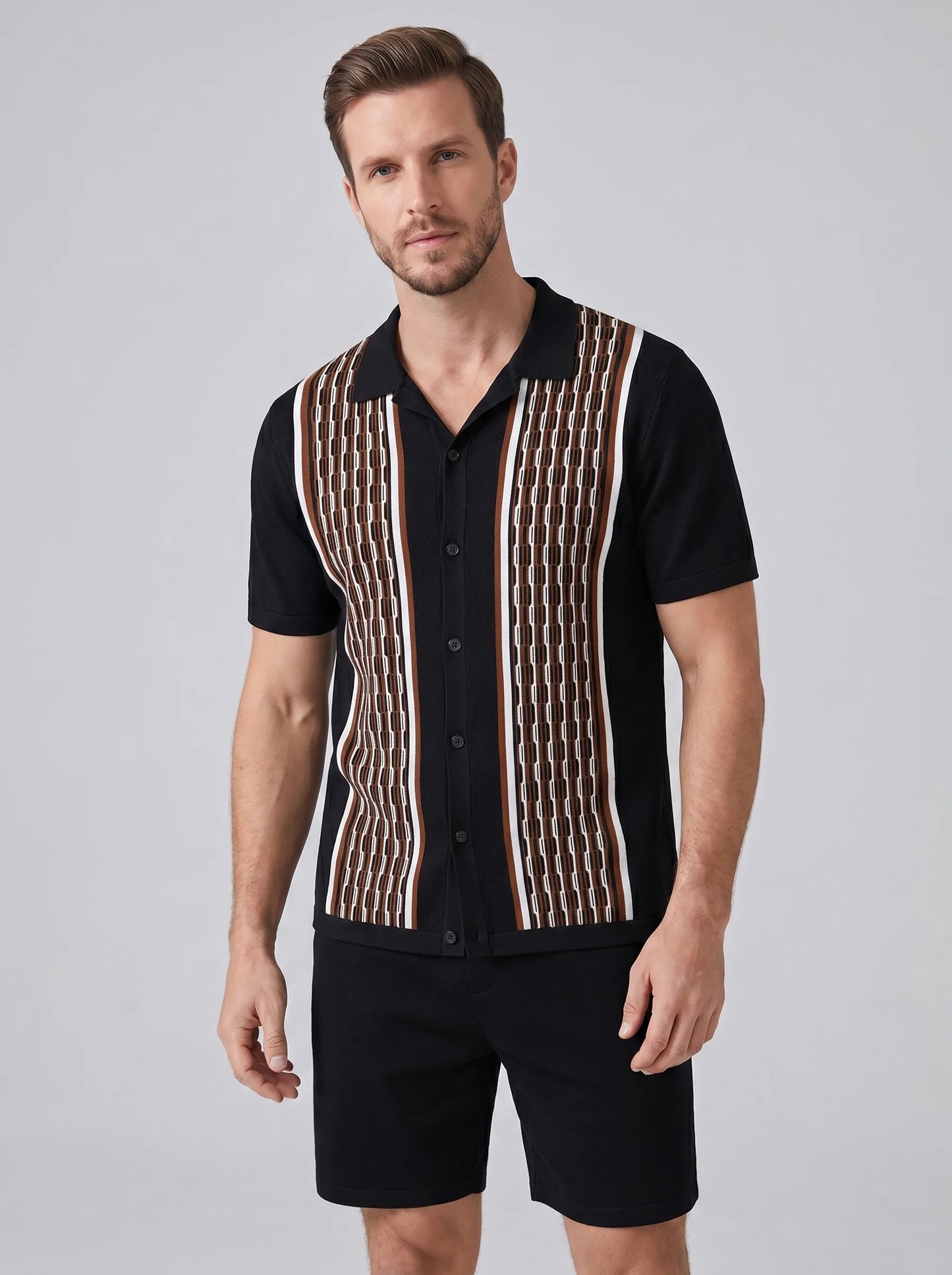 ILYNORA black short sleeve shirt and shorts set front view