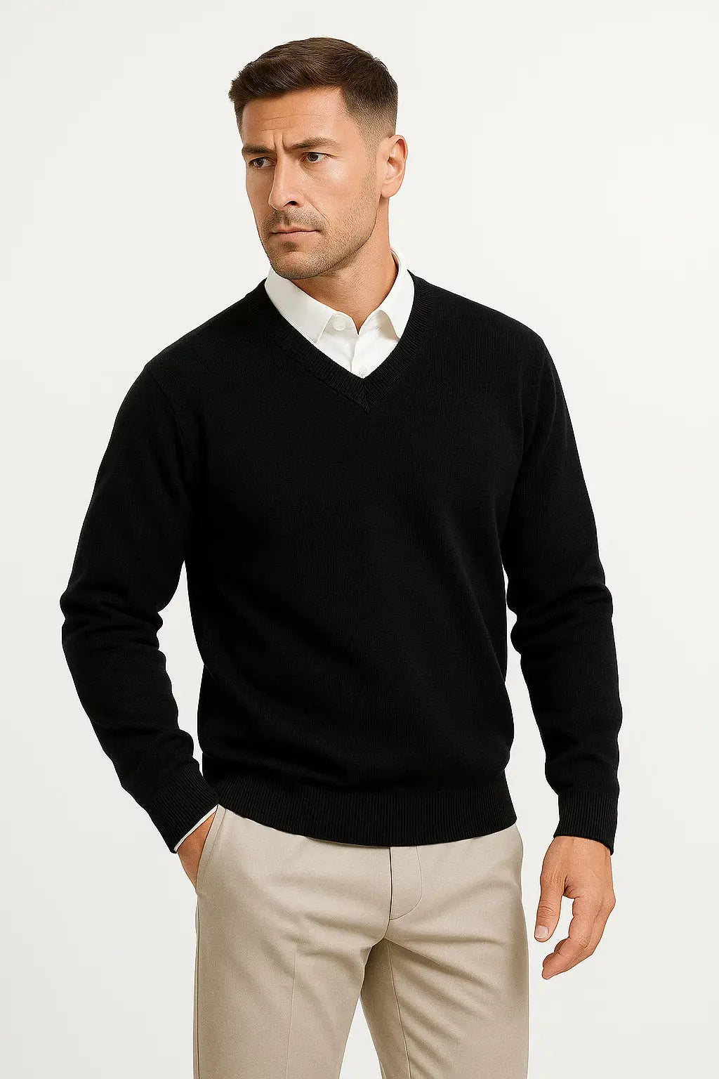 black-v-neck-slim-fit-knit-sweater-front