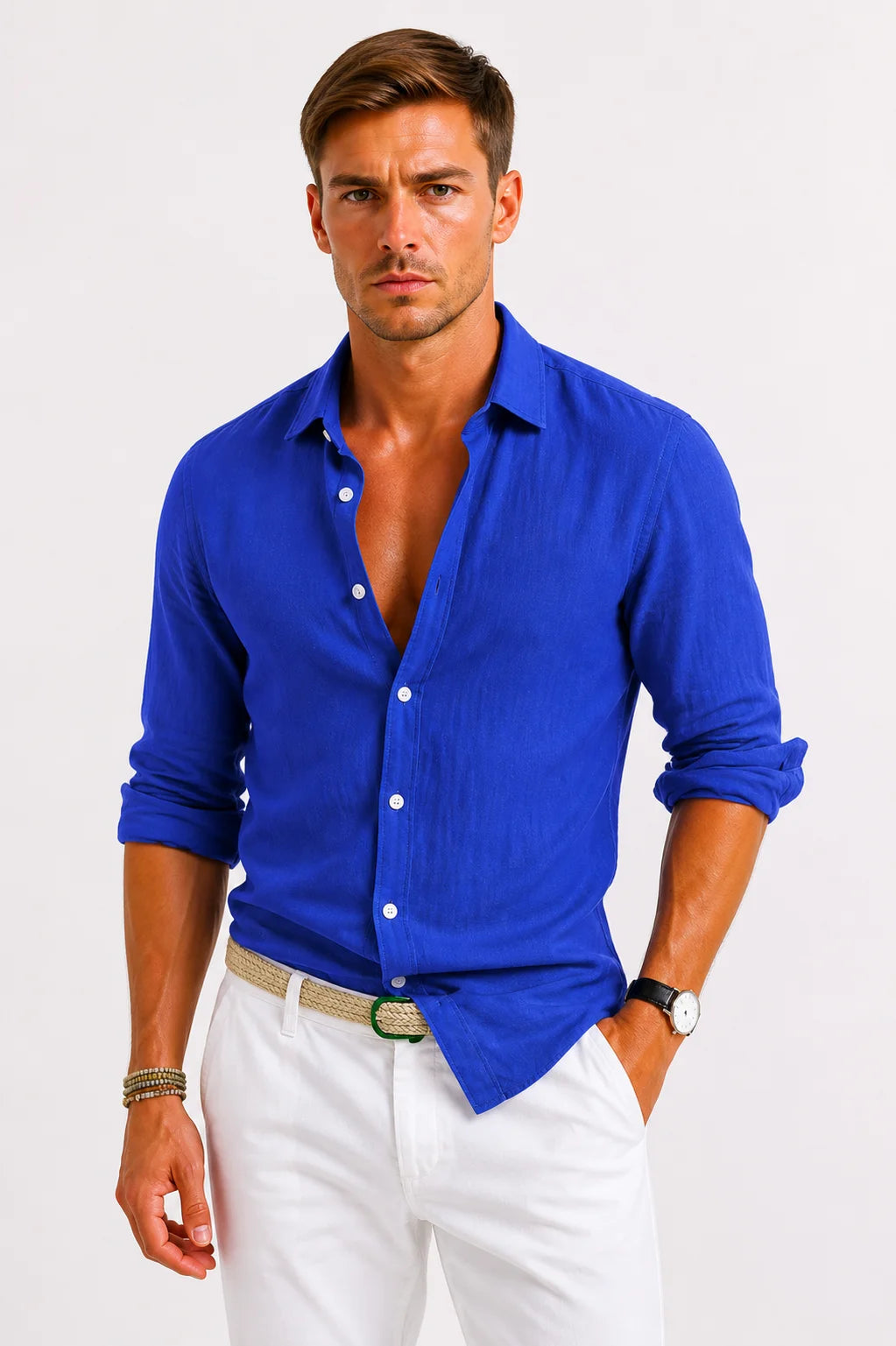 ILYNORA blue linen button-up shirt front view