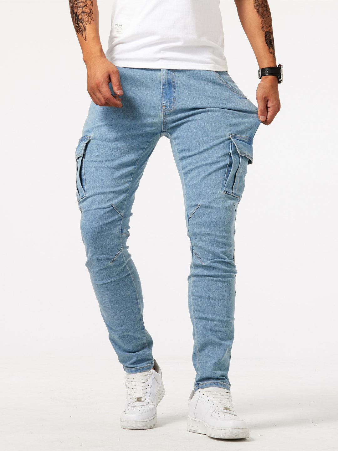 ILYNORA blue slim fit cargo jeans with side pockets front view