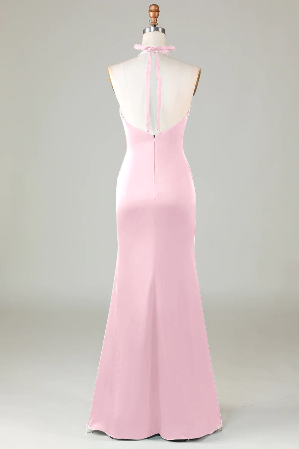ILYNORA blushing pink halter neck satin formal dress back view