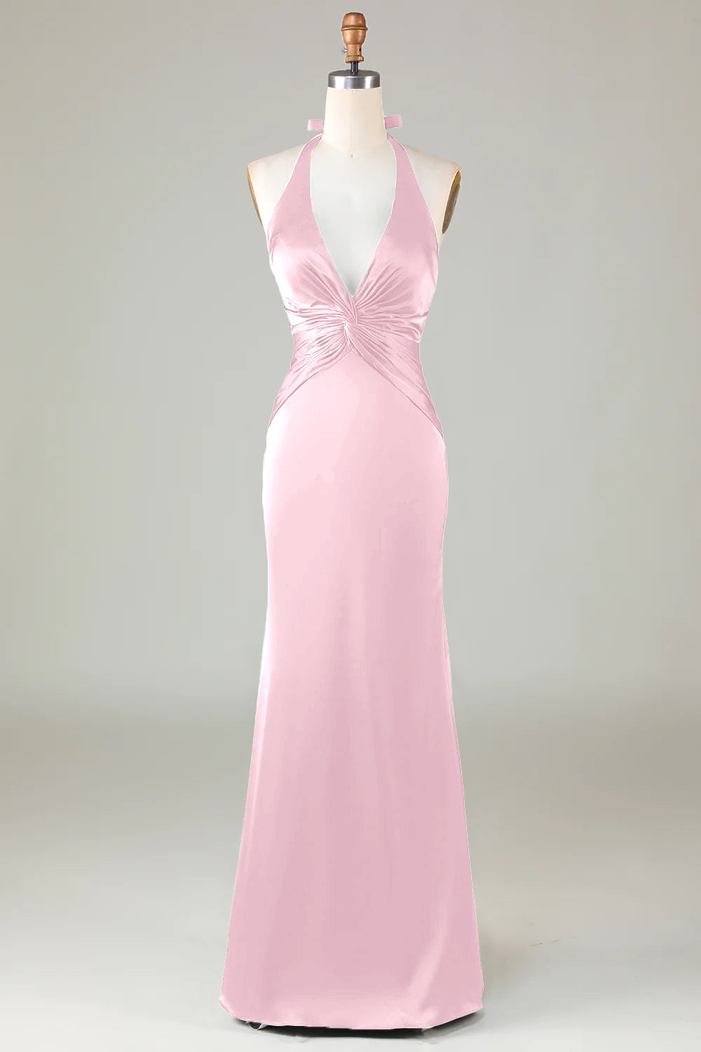 ILYNORA blushing pink halter neck satin formal dress front view