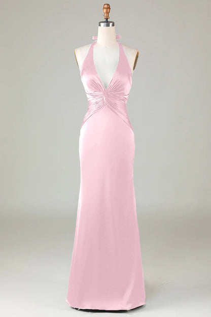 ILYNORA blushing pink halter neck satin formal dress front view