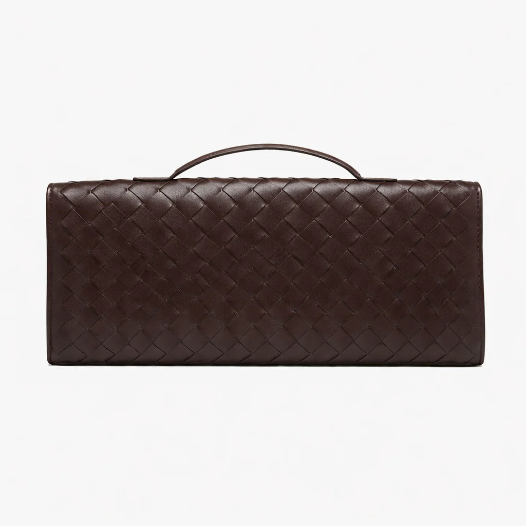 Elegant brown woven faux leather clutch by ILYNORA with braided finish, structured shape and gold-tone clasp