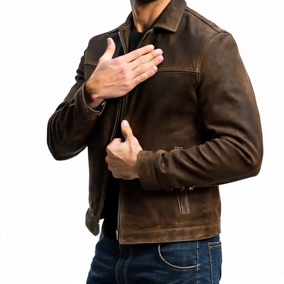 ILYNORA brown classic faux leather zip up jacket angled front detail