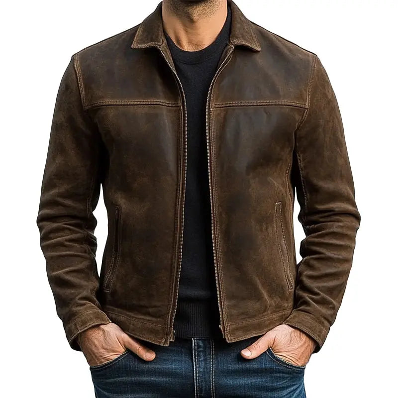 ILYNORA brown classic faux leather zip up jacket front view