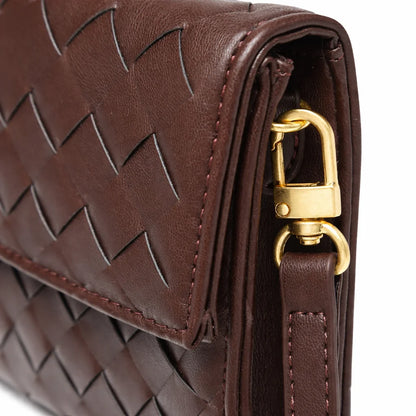 Brown ILYNORA woven faux leather clutch bag with braided texture, top handle and detachable shoulder strap