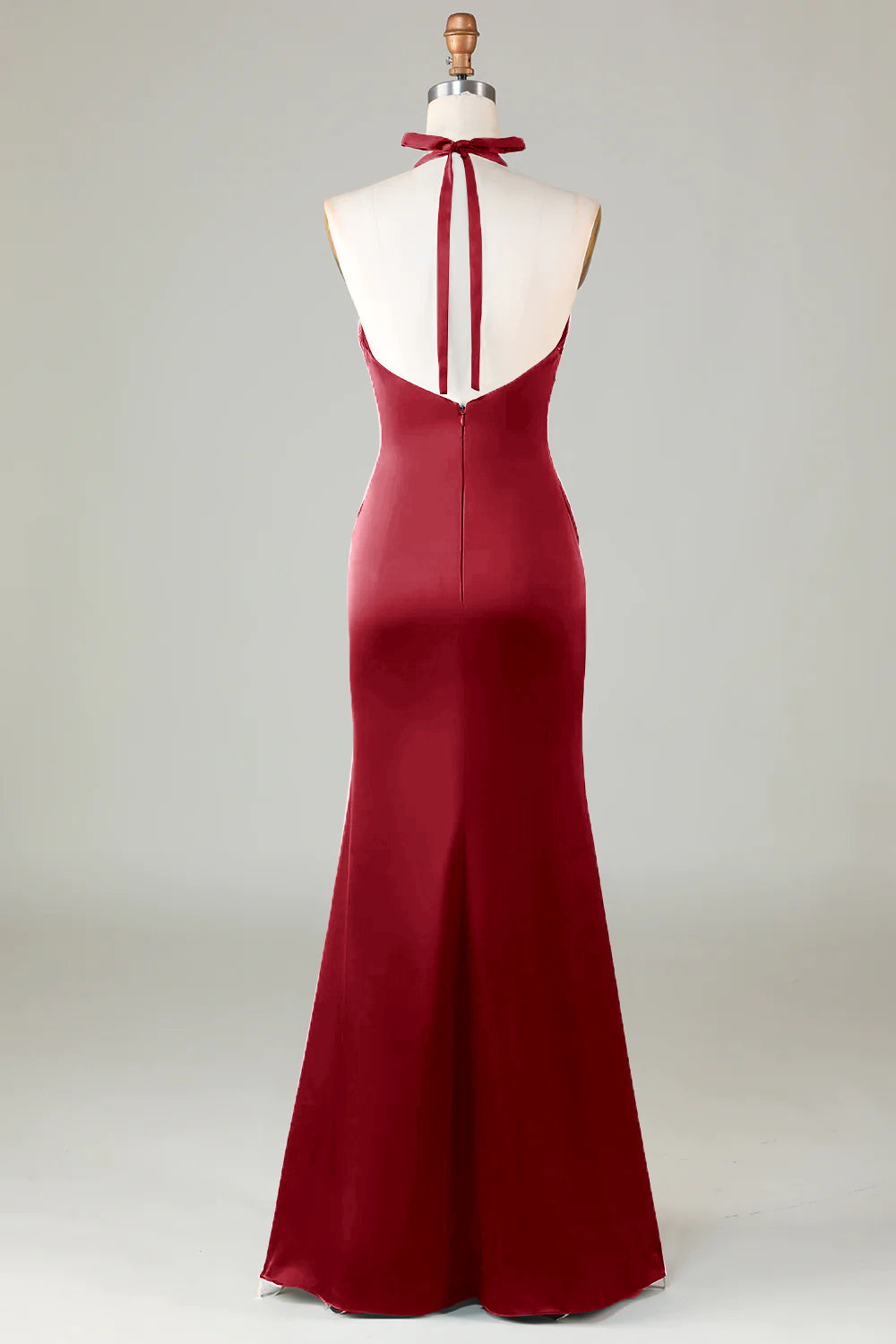 ILYNORA burgundy halter neck satin formal dress back view