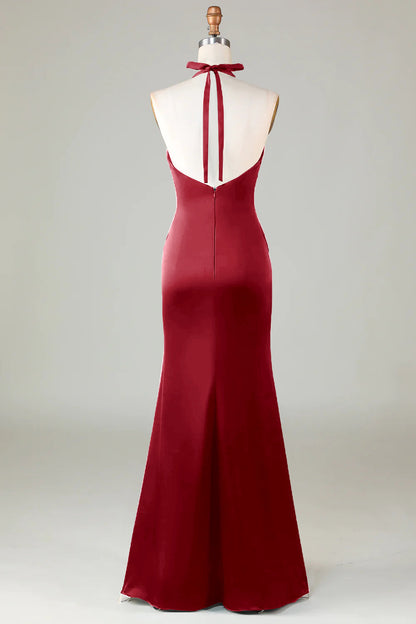 ILYNORA burgundy halter neck satin formal dress back view