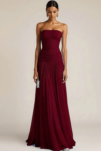ILYNORA burgundy ruched maxi bridesmaid dress front view