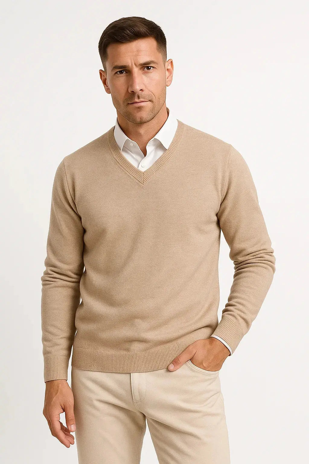 ILYNORA camel V-neck slim fit knit sweater front view