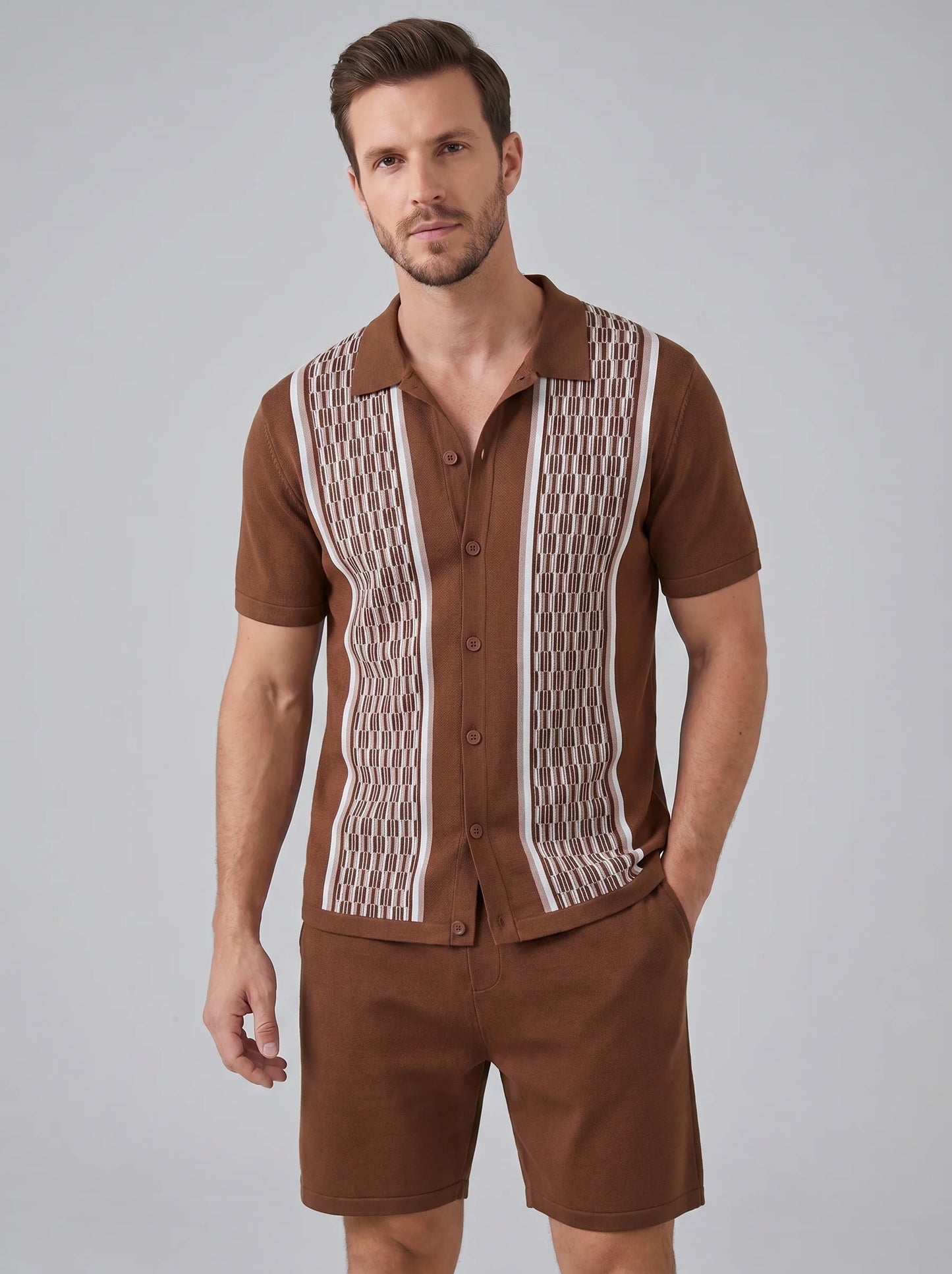 ILYNORA coffee short sleeve shirt and shorts set front view