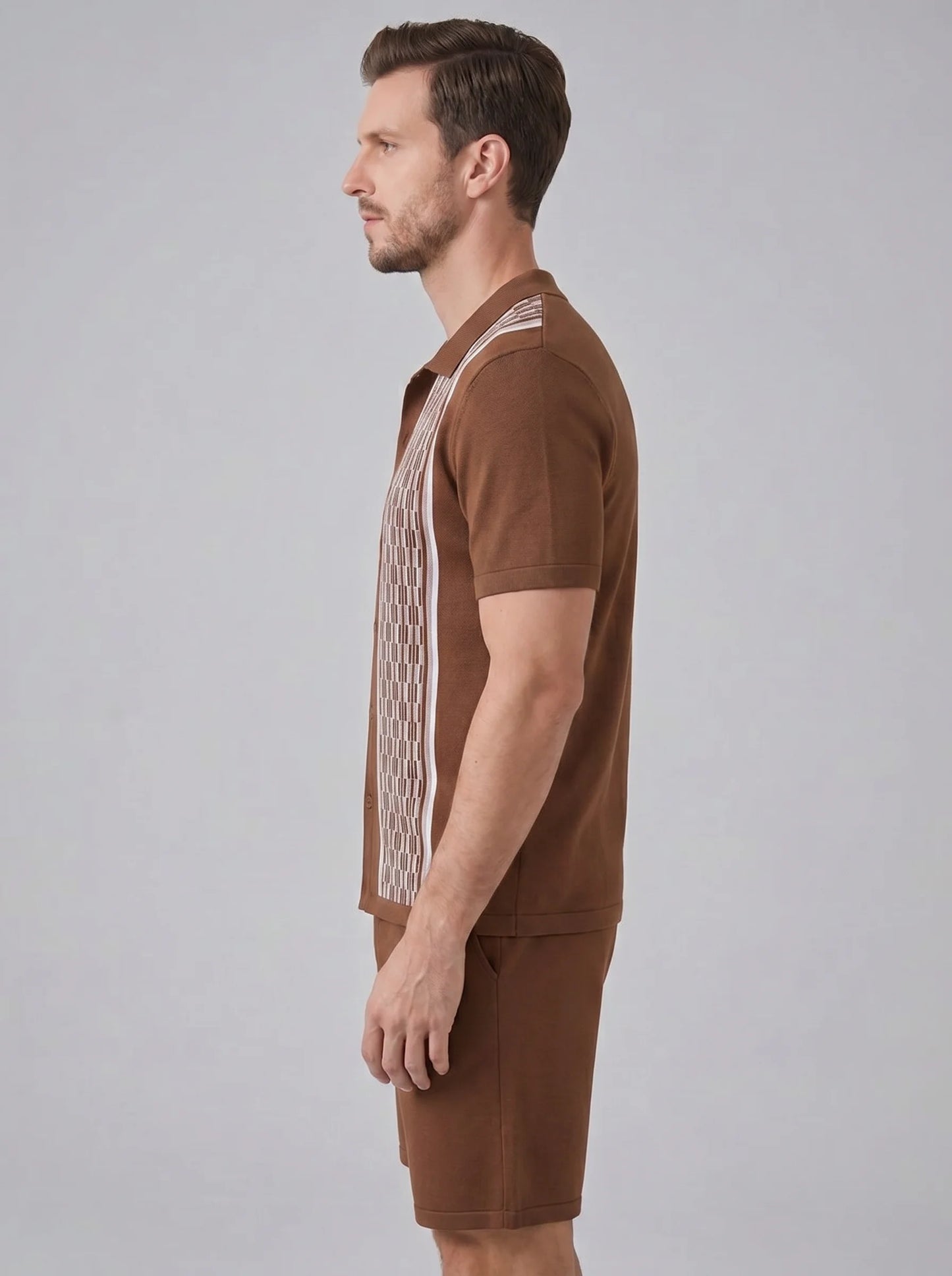 ILYNORA coffee short sleeve shirt and shorts set side view