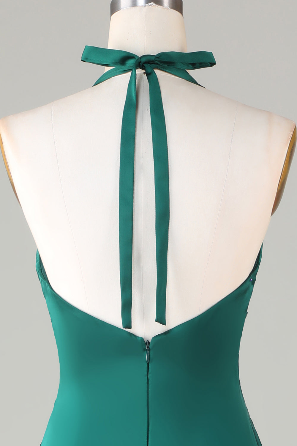 ILYNORA dark green halter neck satin formal dress open back detail