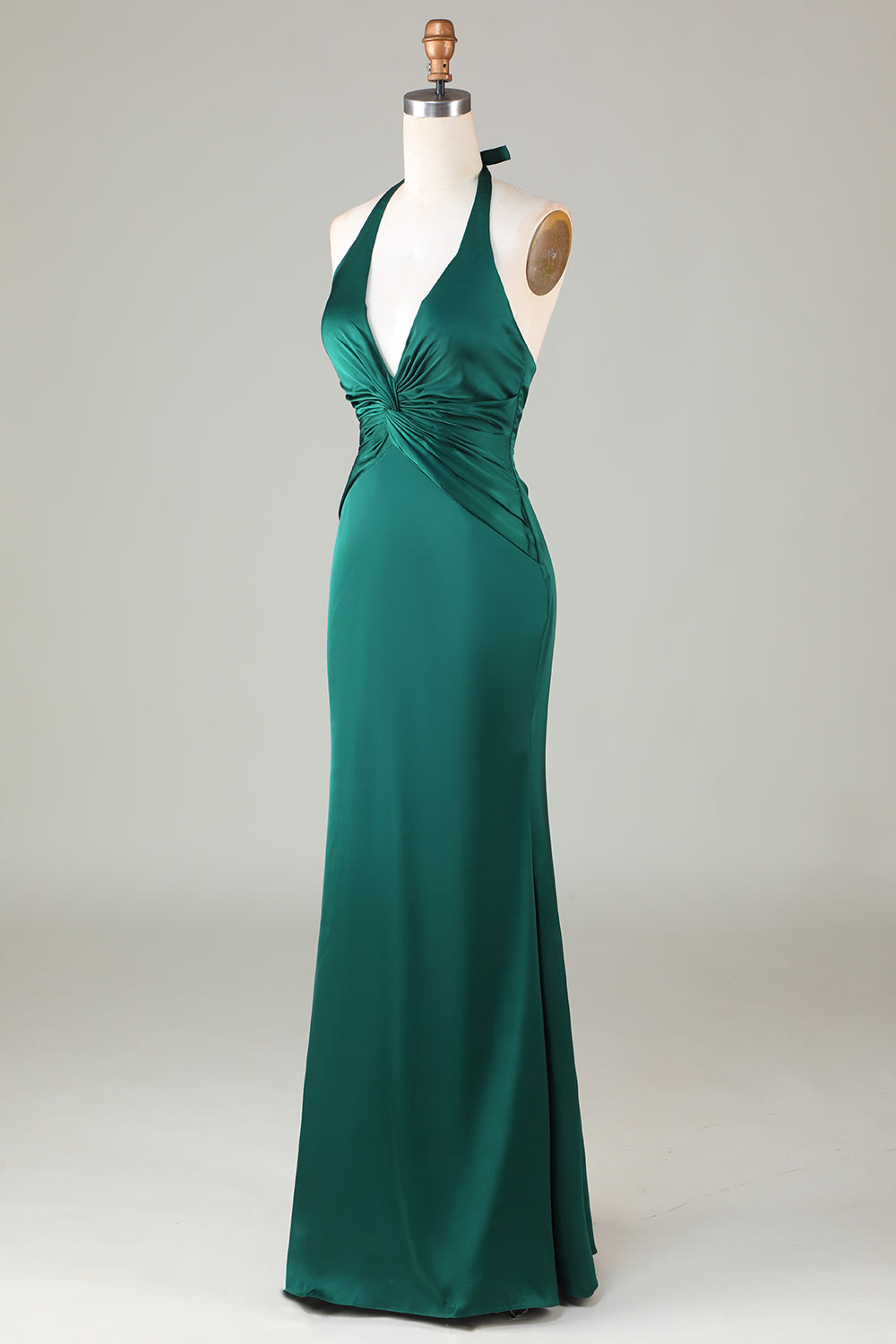 ILYNORA dark green halter neck satin formal dress back view on mannequin
