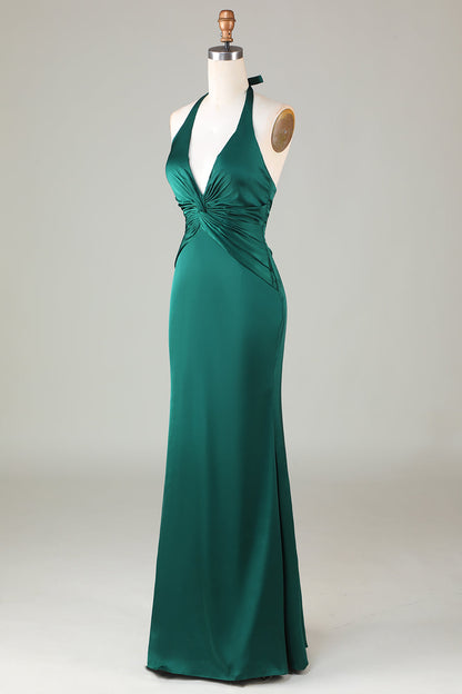 ILYNORA dark green halter neck satin formal dress back view on mannequin