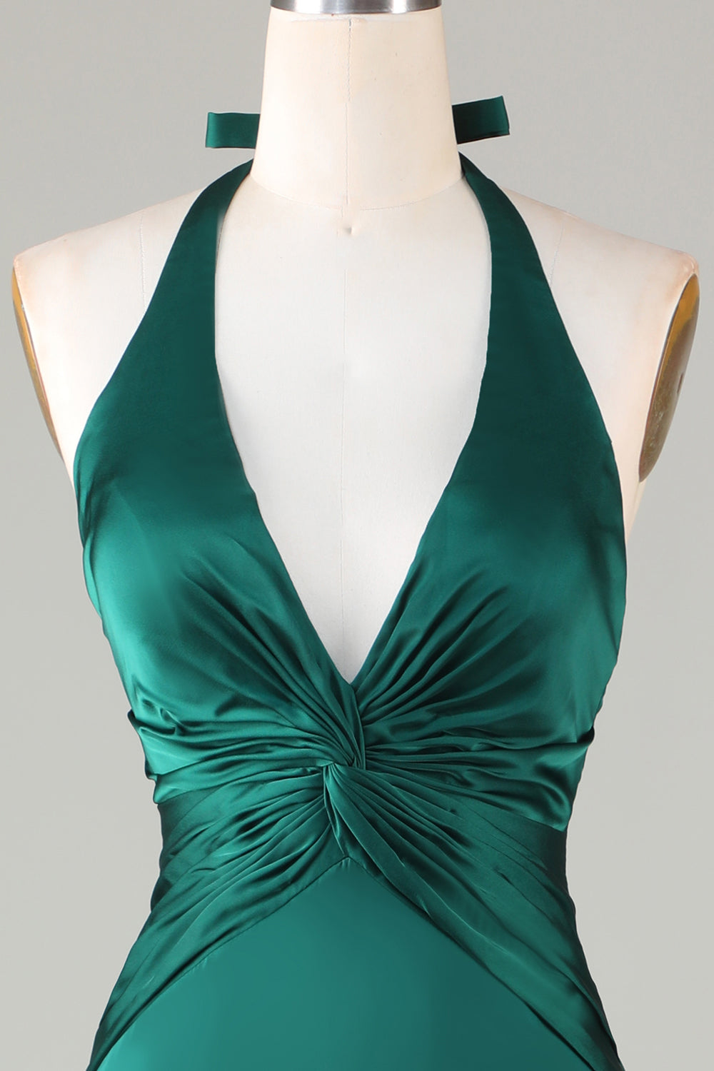 ILYNORA dark green halter neck satin formal dress twist bodice detail