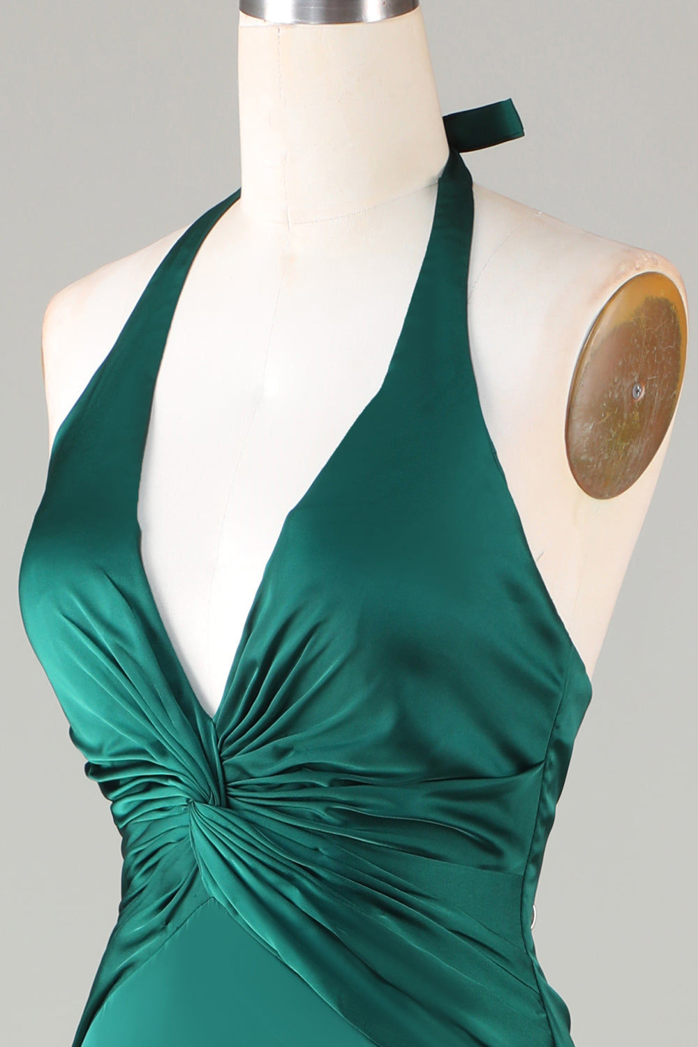 ILYNORA dark green halter neck satin formal dress gathered front detail