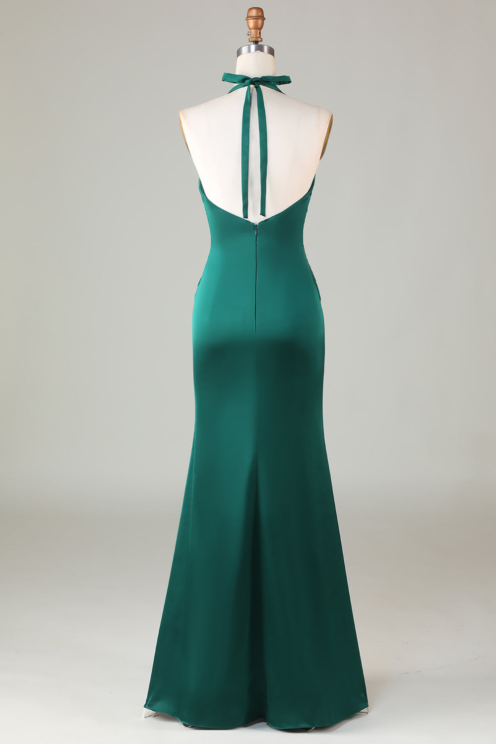 ILYNORA dark green halter neck satin formal dress on mannequin