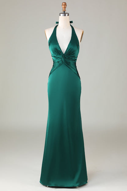 ILYNORA dark green halter neck satin formal dress front view