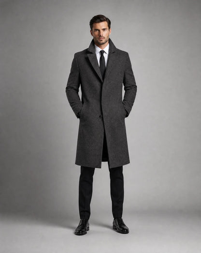 ILYNORA dark grey classic tailored long overcoat front view