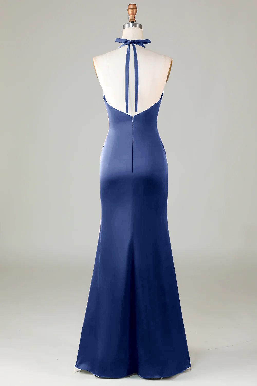ILYNORA dark navy halter neck satin formal dress back view
