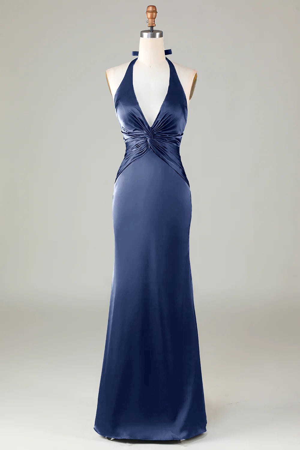 ILYNORA dark navy halter neck satin formal dress front view
