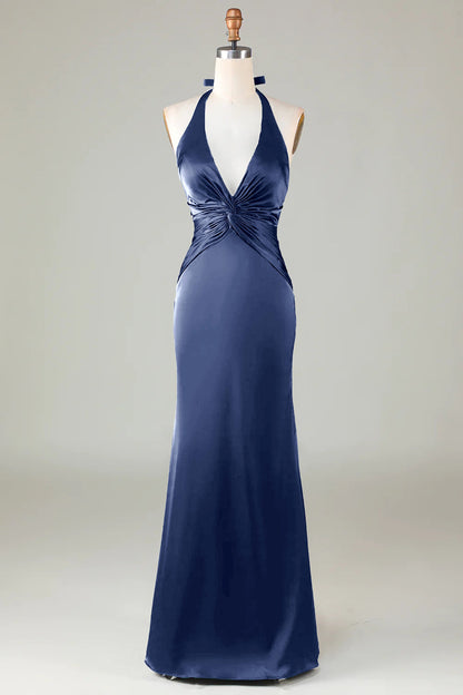 ILYNORA dark navy halter neck satin formal dress front view