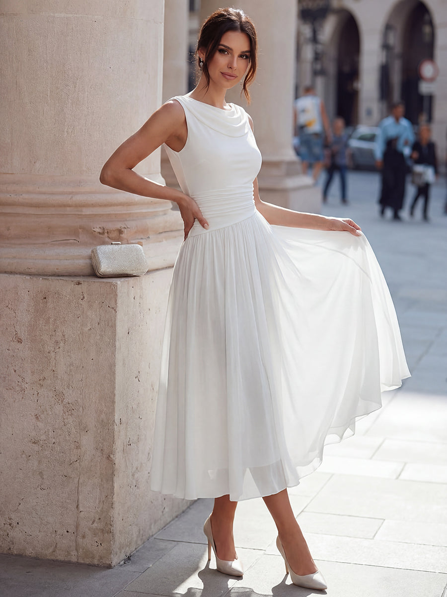 Draped Neck Sleeveless Pleated Occasion Midi Dress