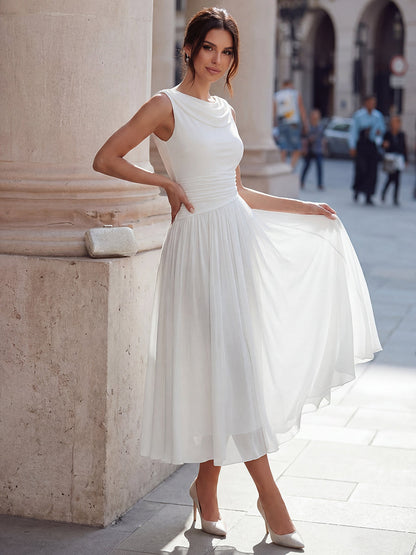 Draped Neck Sleeveless Pleated Occasion Midi Dress