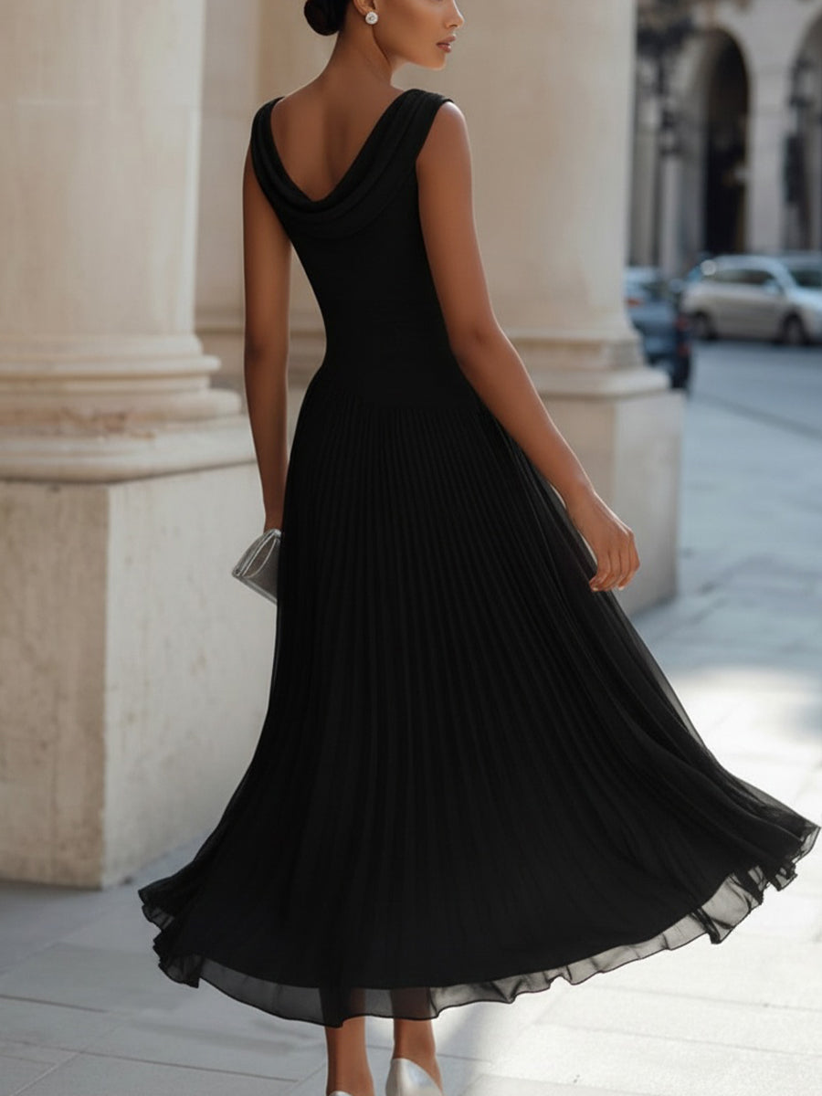 Draped Neck Sleeveless Pleated Occasion Midi Dress