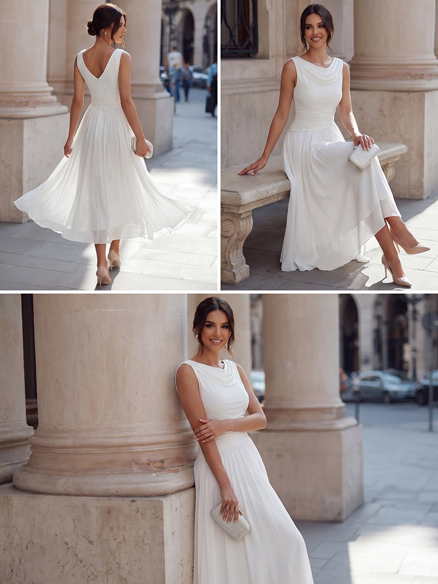 Draped Neck Sleeveless Pleated Occasion Midi Dress