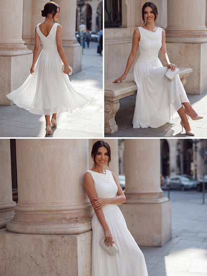 Draped Neck Sleeveless Pleated Occasion Midi Dress