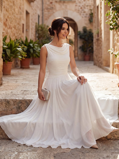 Draped Neck Sleeveless Pleated Occasion Midi Dress