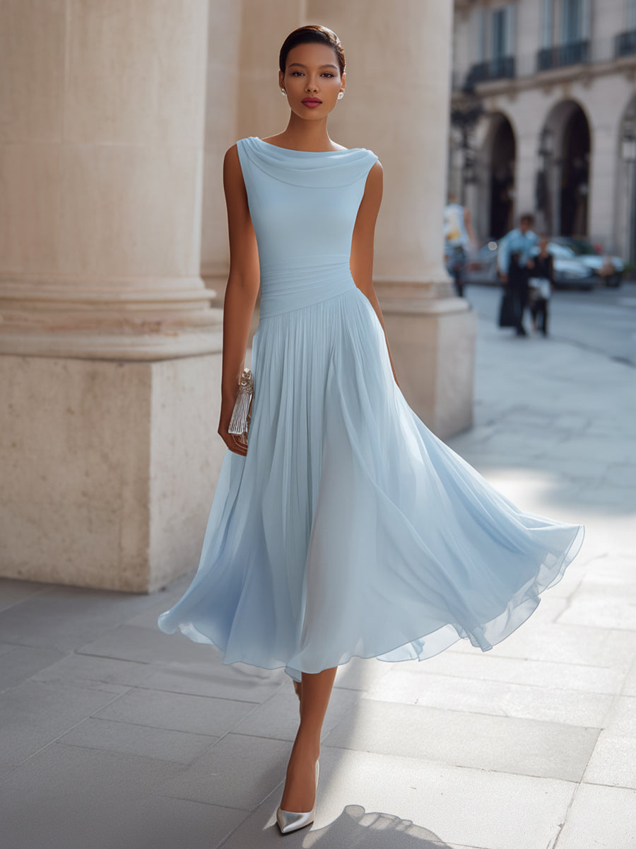 Draped Neck Sleeveless Pleated Occasion Midi Dress
