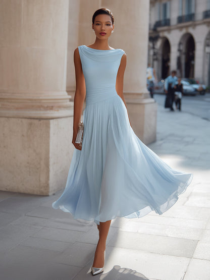 Draped Neck Sleeveless Pleated Occasion Midi Dress