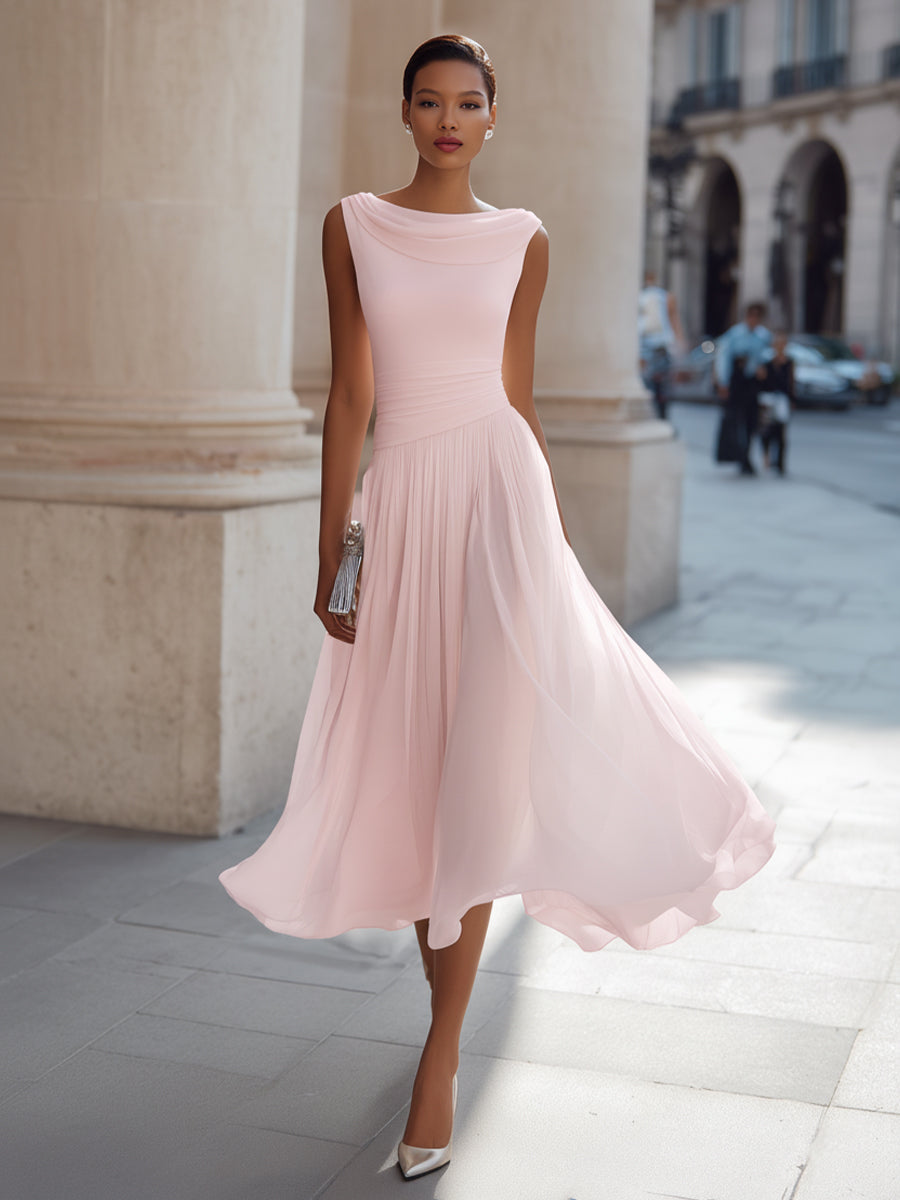 Draped Neck Sleeveless Pleated Occasion Midi Dress
