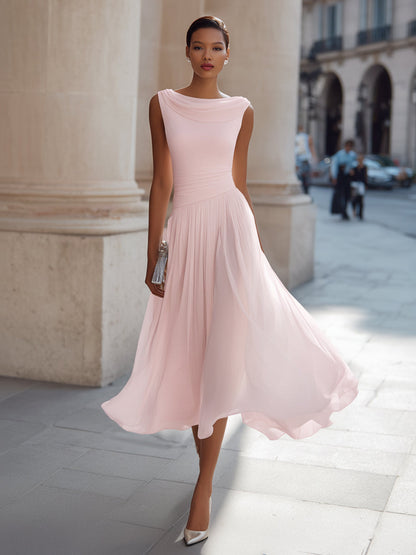 Draped Neck Sleeveless Pleated Occasion Midi Dress