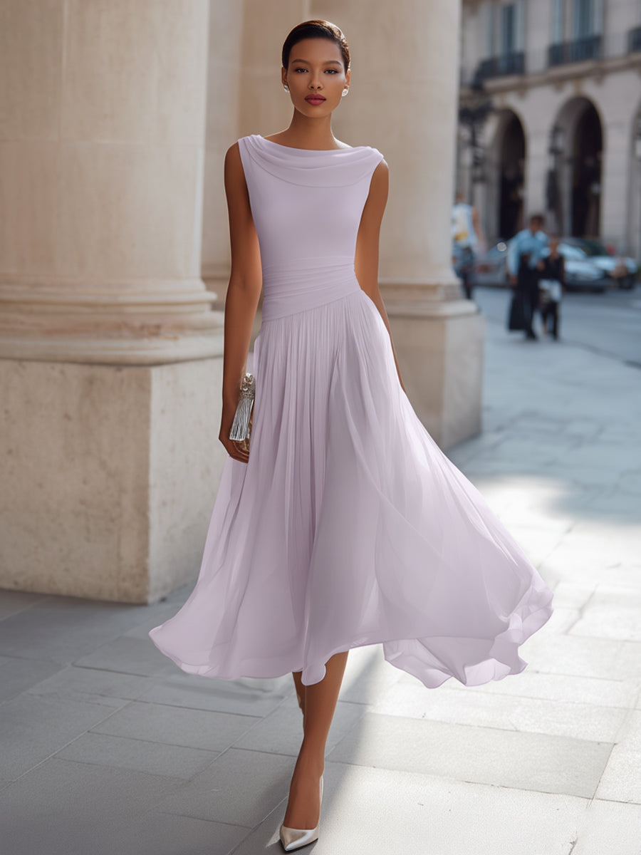 Draped Neck Sleeveless Pleated Occasion Midi Dress