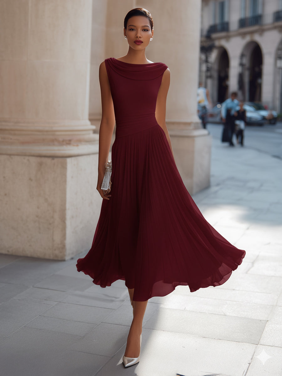 Draped Neck Sleeveless Pleated Occasion Midi Dress