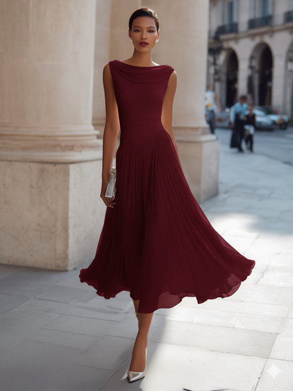 Draped Neck Sleeveless Pleated Occasion Midi Dress