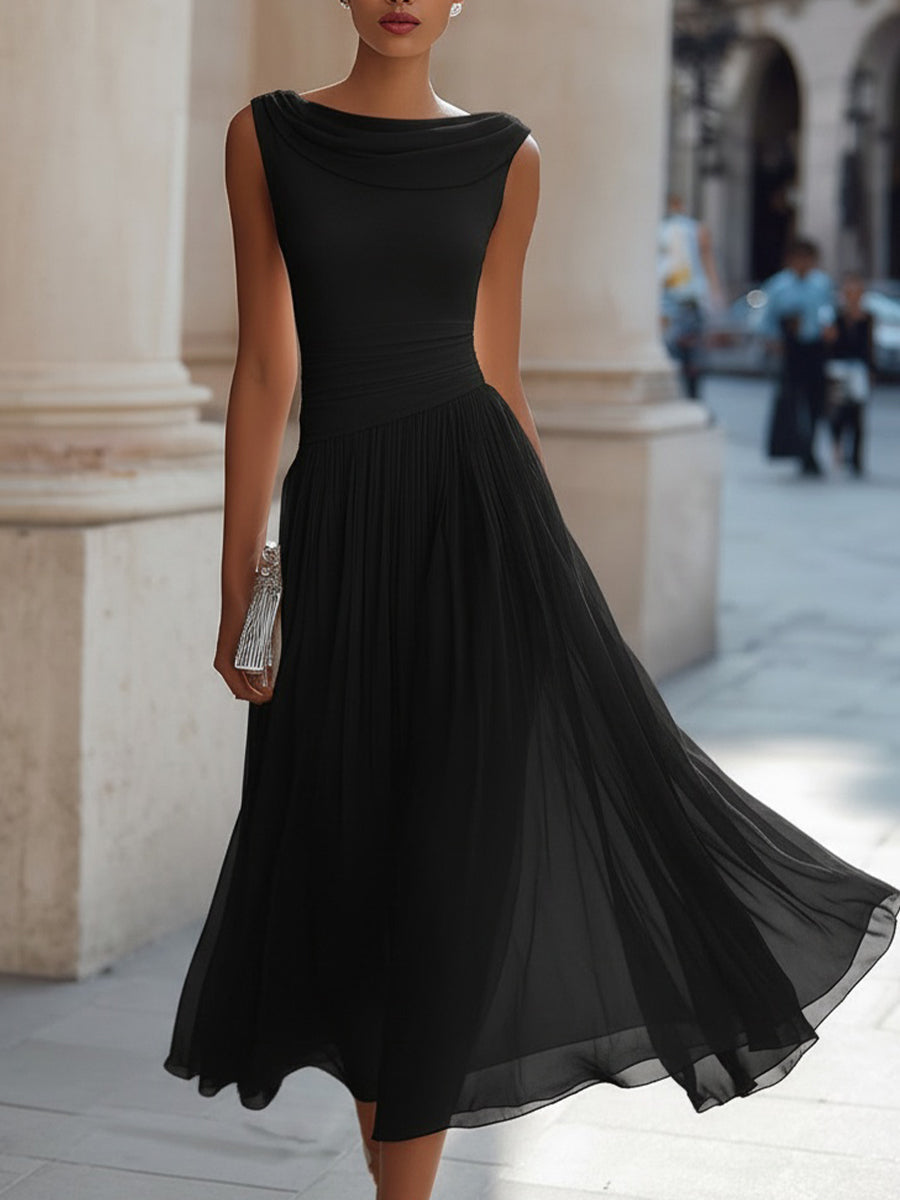 Draped Neck Sleeveless Pleated Occasion Midi Dress