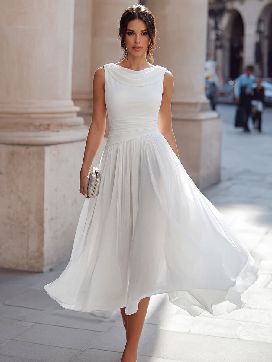 Draped Neck Sleeveless Pleated Occasion Midi Dress