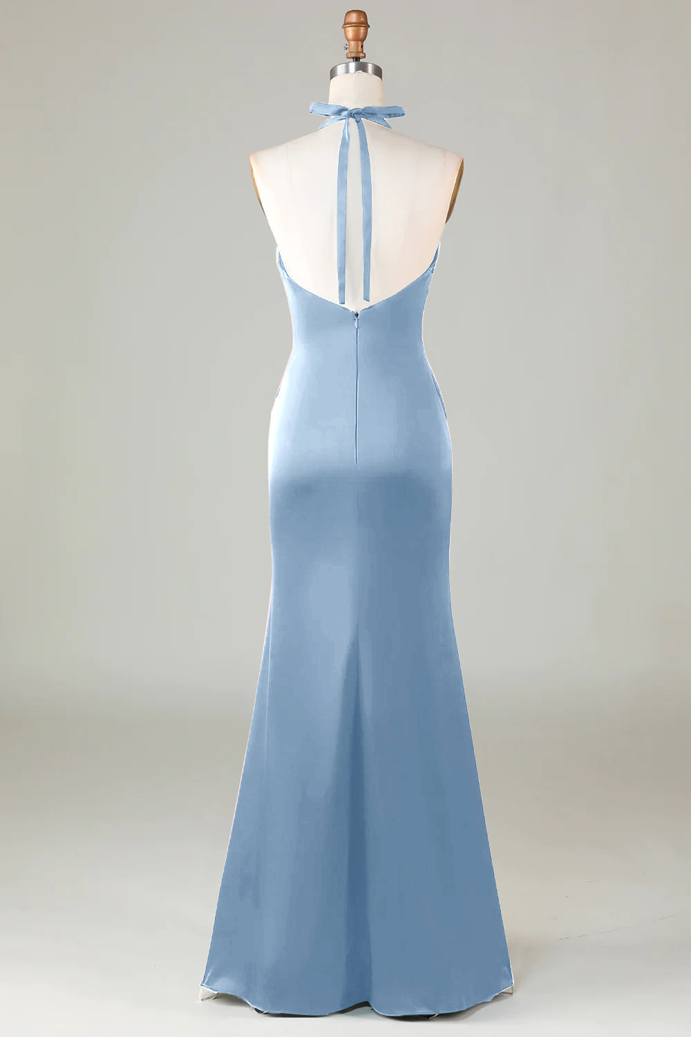 ILYNORA dusty blue halter neck satin formal dress back view