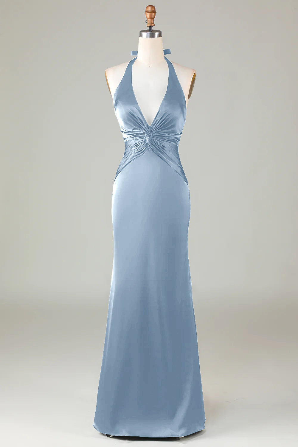 ILYNORA dusty blue halter neck satin formal dress front view