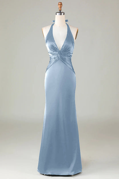 ILYNORA dusty blue halter neck satin formal dress front view