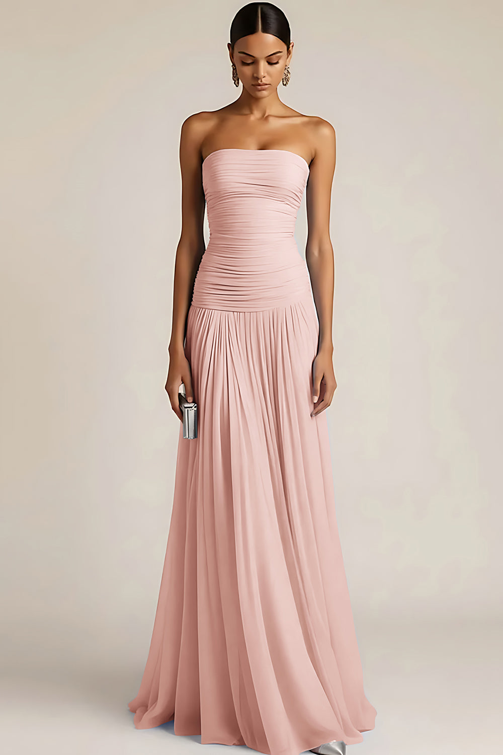 ILYNORA dusty pink ruched maxi bridesmaid dress front view