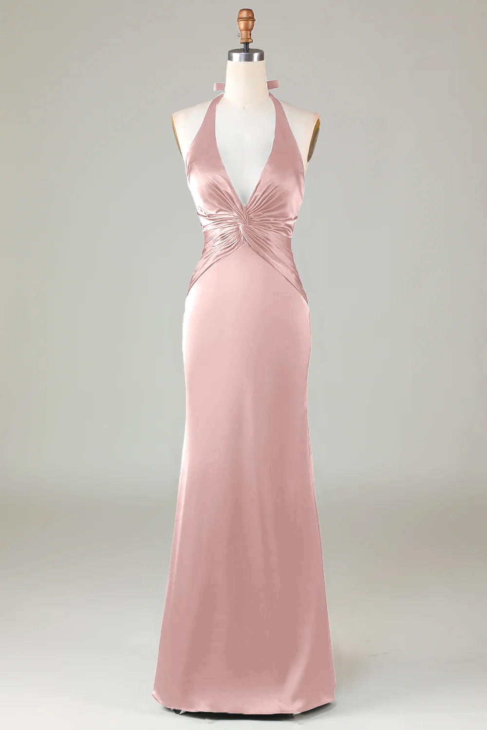 ILYNORA dusty rose halter neck satin formal dress front view